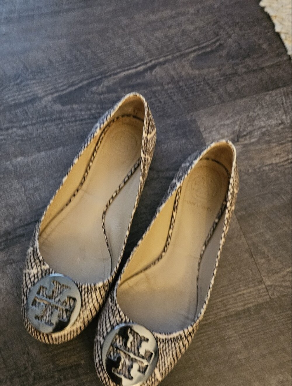 Tory Burch Black and White Snakeskin-Print Logo Ballet Flats